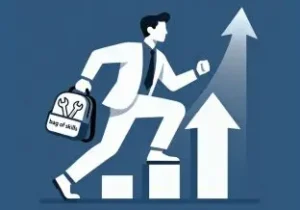 A business leader climbing stairs toward success, carrying a bag of skills, symbolizing growth through sales training and performance development.