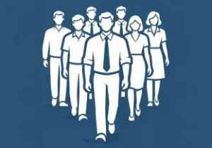 A leader walking ahead with a motivated team following, symbolizing leadership, teamwork, and professional growth.